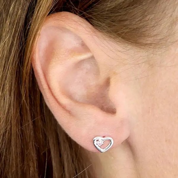 Sterling Silver Earrings - Pink CZ Heart Studs