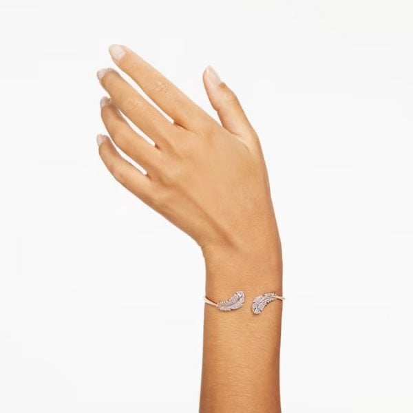 Idyllia bangle, Feather, White, Rose gold-tone, L