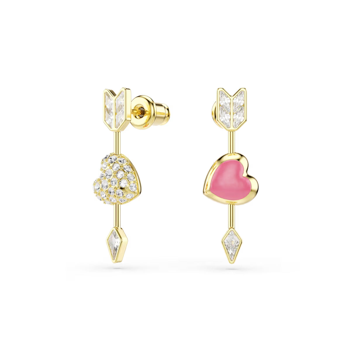 Idyllia drop earrings, Mixed cuts, Heart with arrow, White, Gold-tone plated