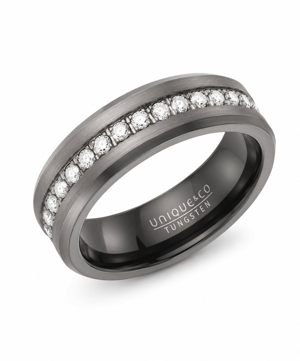 Tungsten Carbide Ring with Silver IP Plating and CZ - Size 64