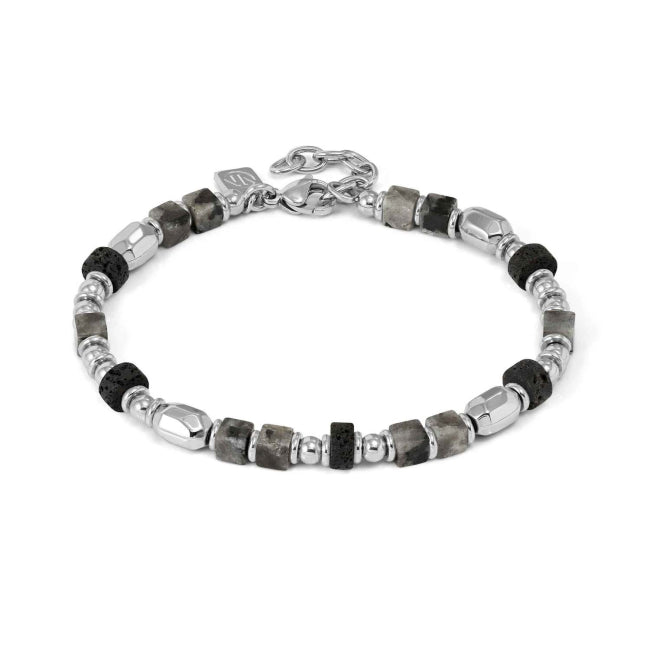 Infinity Bracelet with Steel Nuggets and Natural Stones (Large) Grey Labradorite and Lava