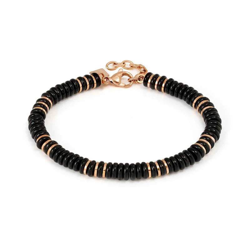 Infinity Bracelet in Steel, Pink Finish and Natural Stones Black Onyx