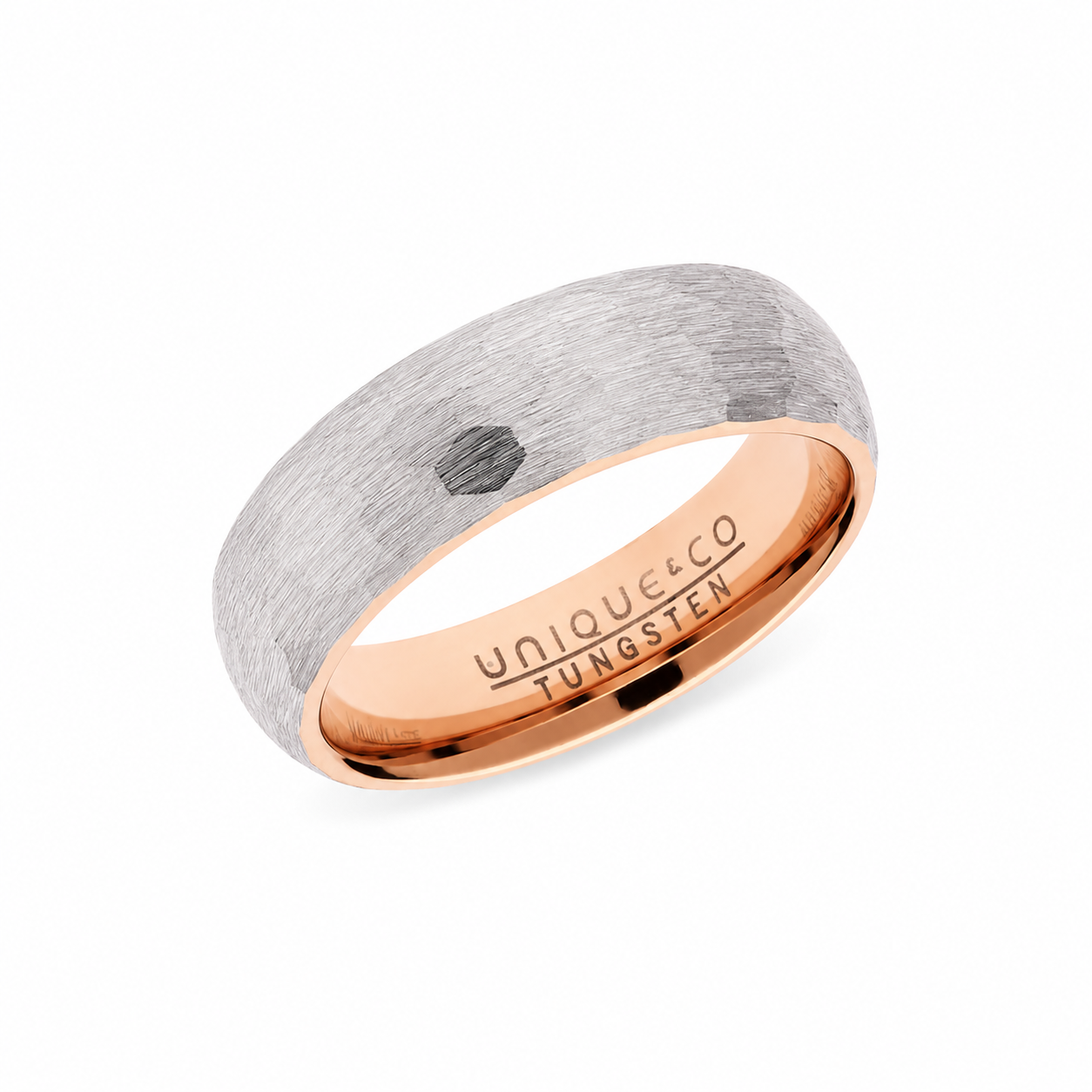 Tungsten Carbide Ring Hammered with Rose IP Plating - Size 66