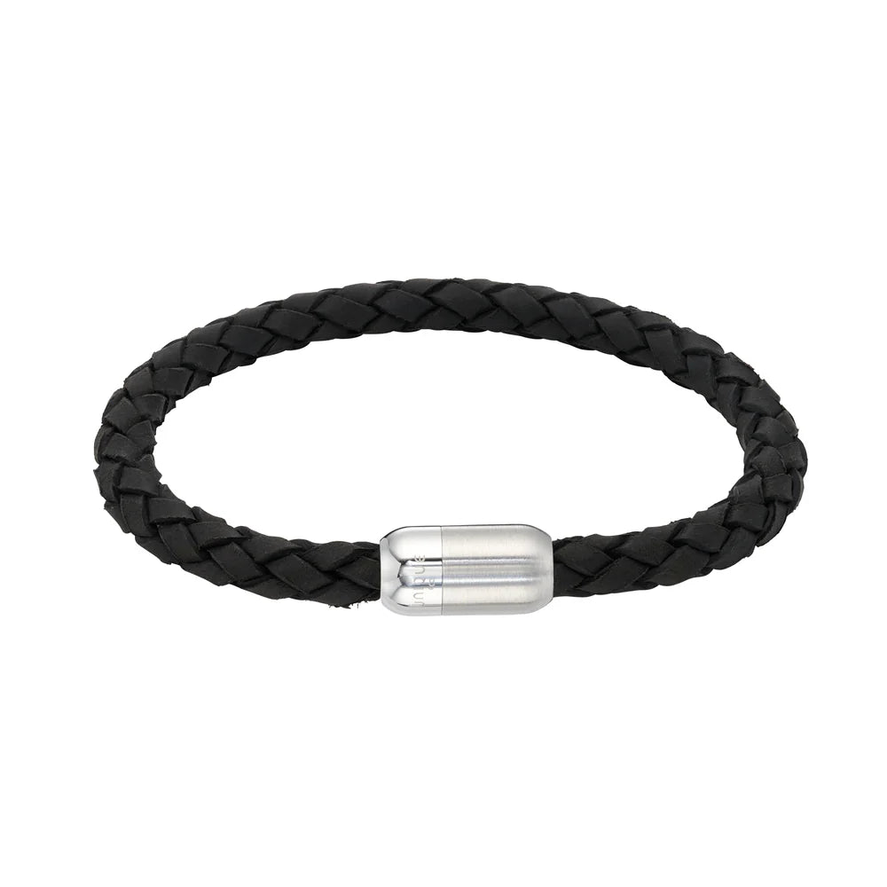 Braided Black Leather & Stainless Steel Bracelet - 21cm