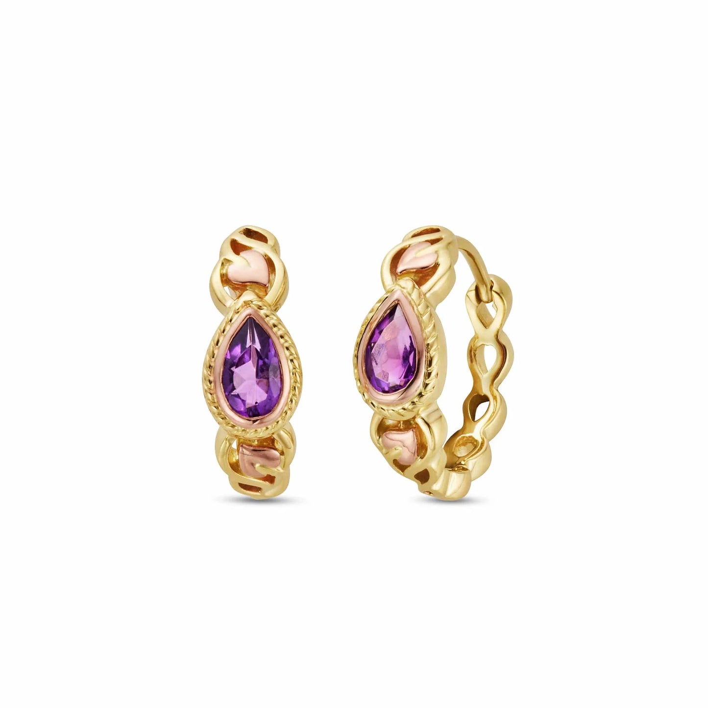Royal Clogau® 9ct Solid Gold Delphinium Huggie Hoop Earrings with Amethysts