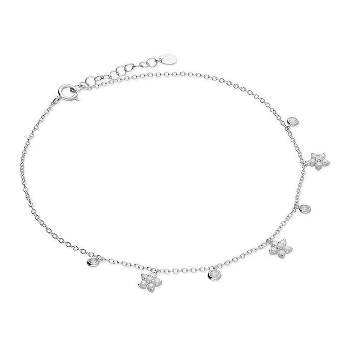 Sterling Silver Cubic Zirconia Flower 23cm-25cm Anklet