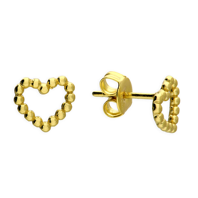 Yellow Gold Plated Sterling Silver Beaded Heart Stud Earrings