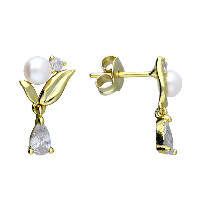 Yellow Gold Plated Sterling Silver Delicate Pearl And Cubic Zirconia Earrings