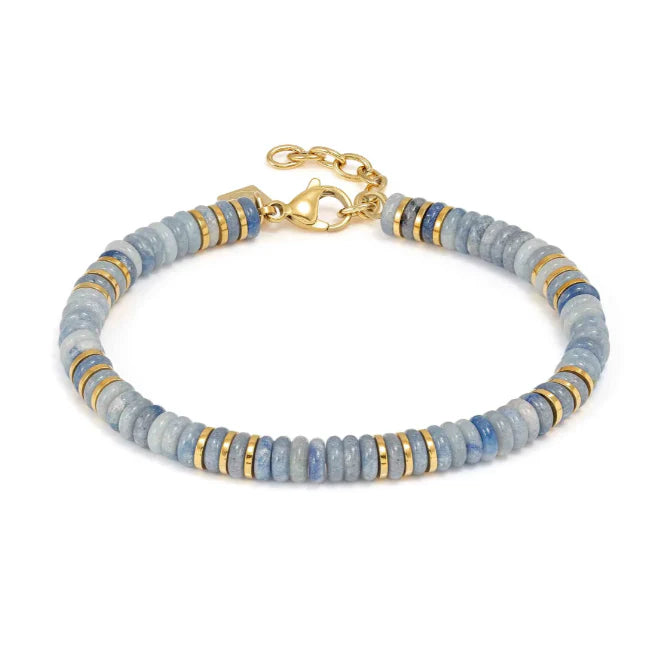 Infinity Bracelet in Steel, Yellow Finish and Natural Stones Blue Aventurine