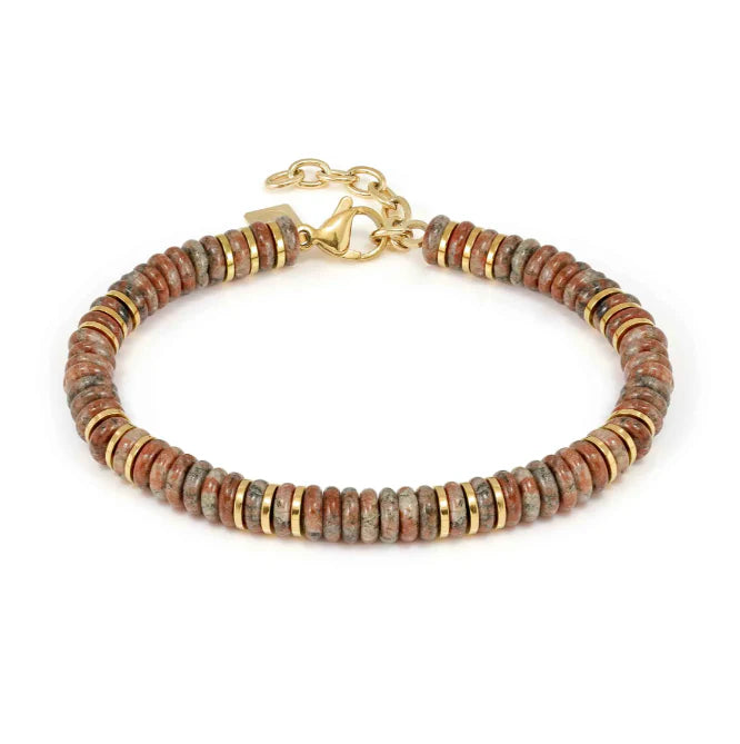 Infinity Bracelet in Steel, Yellow Finish and Natural Stones Rainbow Jasper