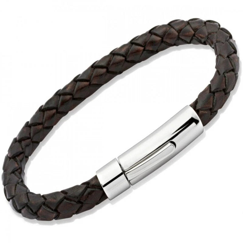 Dark Brown Leather Bracelet with Stainless Steel Clasp - 19cm
