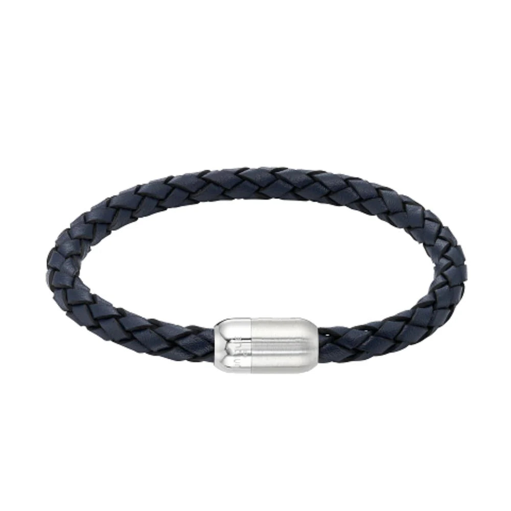 Navy Leather Bracelet with Matte and Polished Clasp - 21cm