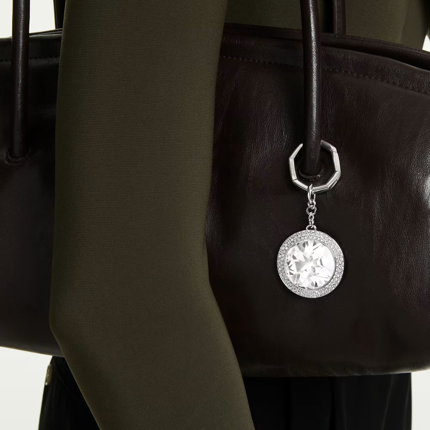 Bag charm, Round cut, White, Rhodium plated