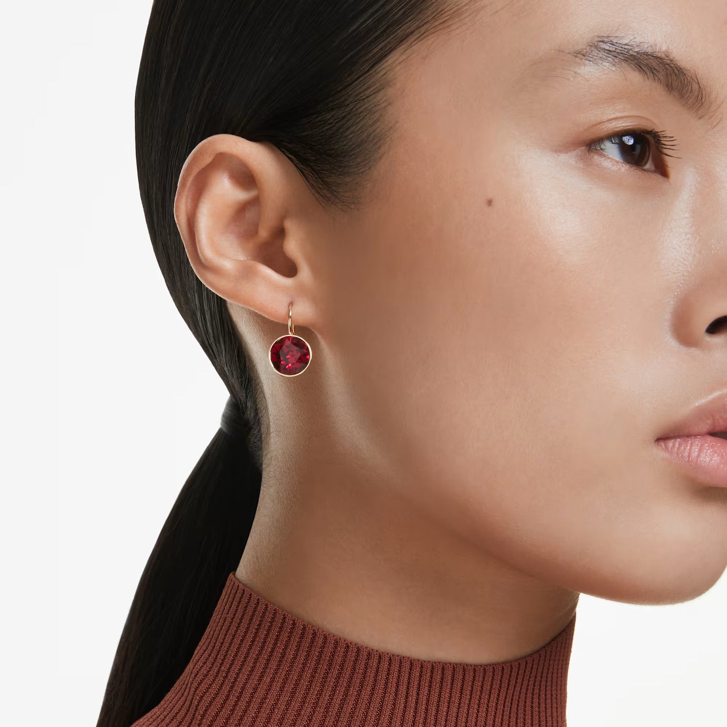 Bella drop earrings, Round cut, Red, Gold-tone