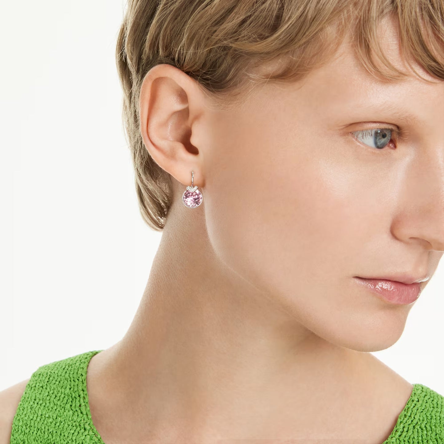 Bella V drop earrings, Round cut, Pink, Rhodium plated