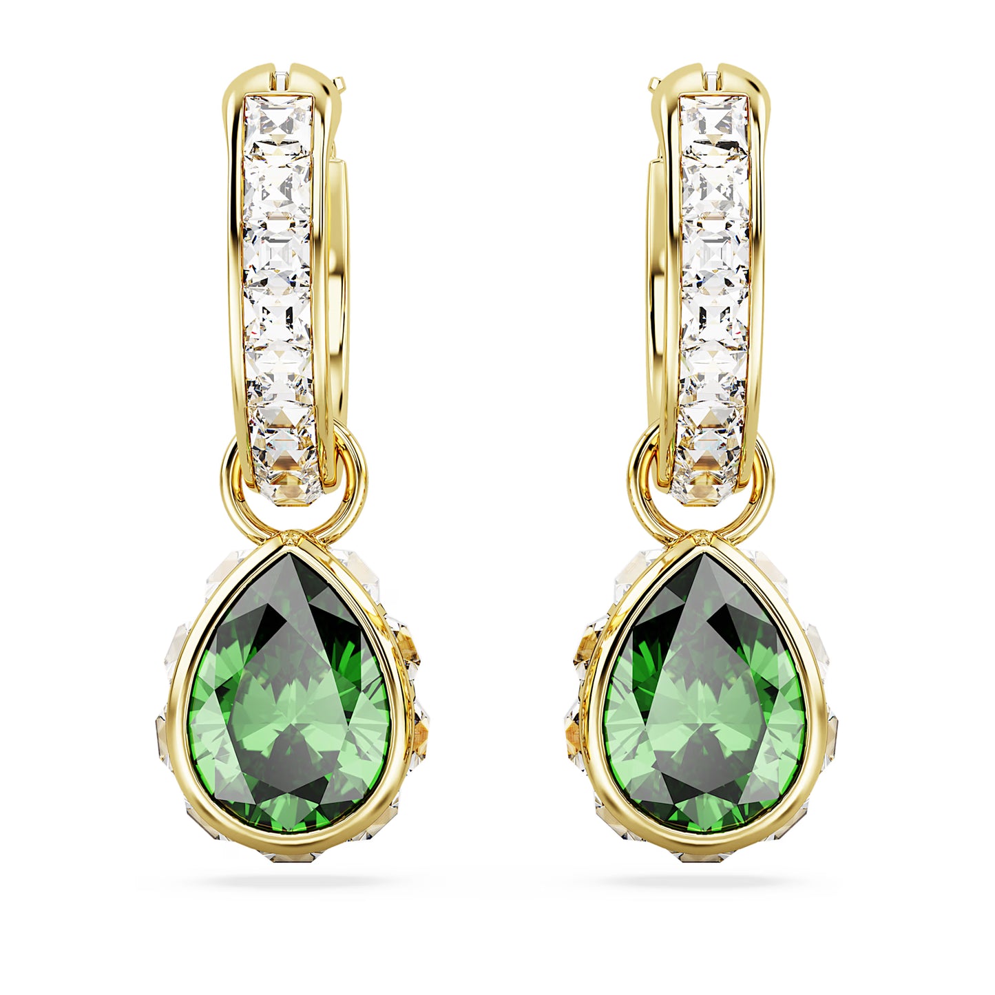 Stilla drop earrings, Pear cut, Green, Gold-tone