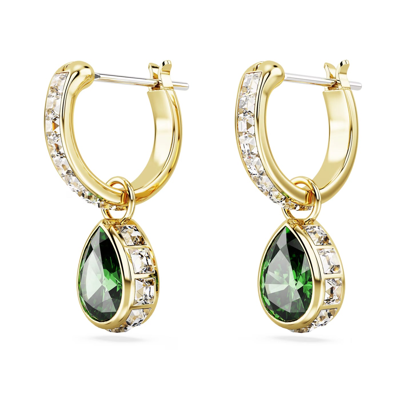 Stilla drop earrings, Pear cut, Green, Gold-tone