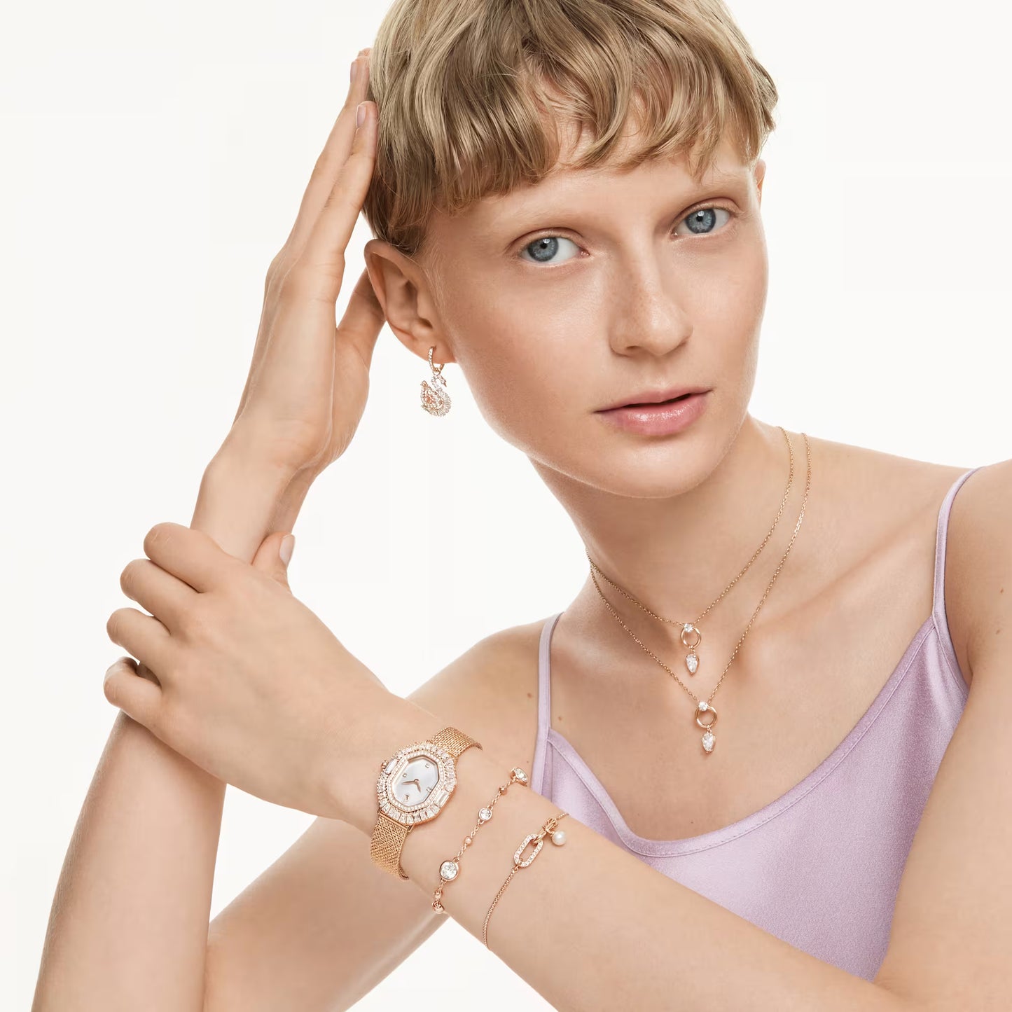 Constella bracelet, Crystal pearl, Round cut, White, Rose gold-tone plated