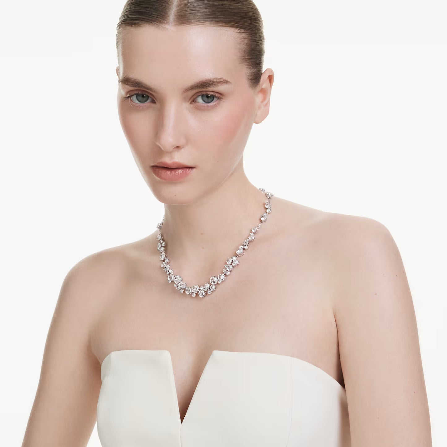 Constella necklace, Round cut, White, Rhodium plated
