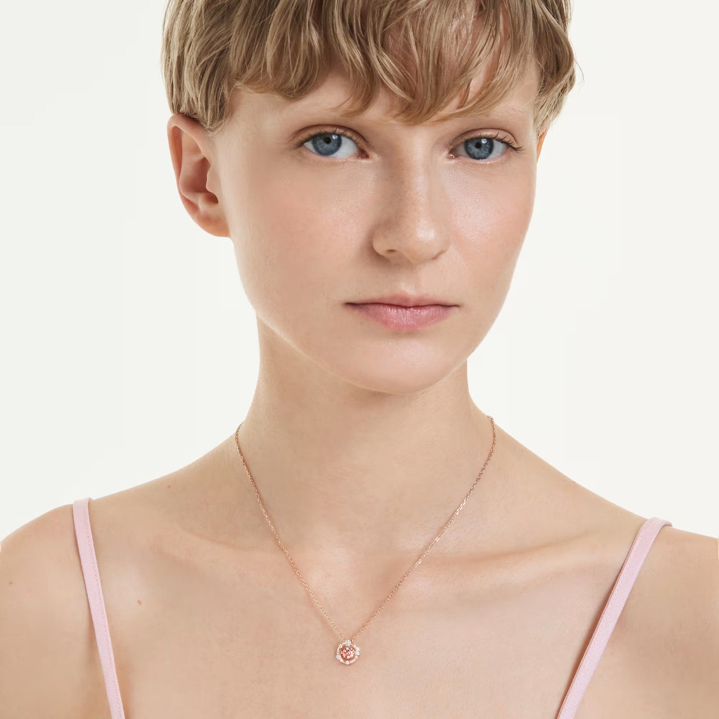 Constella pendant, Round cut, Dancing stone, Pink, 18K rose gold finish