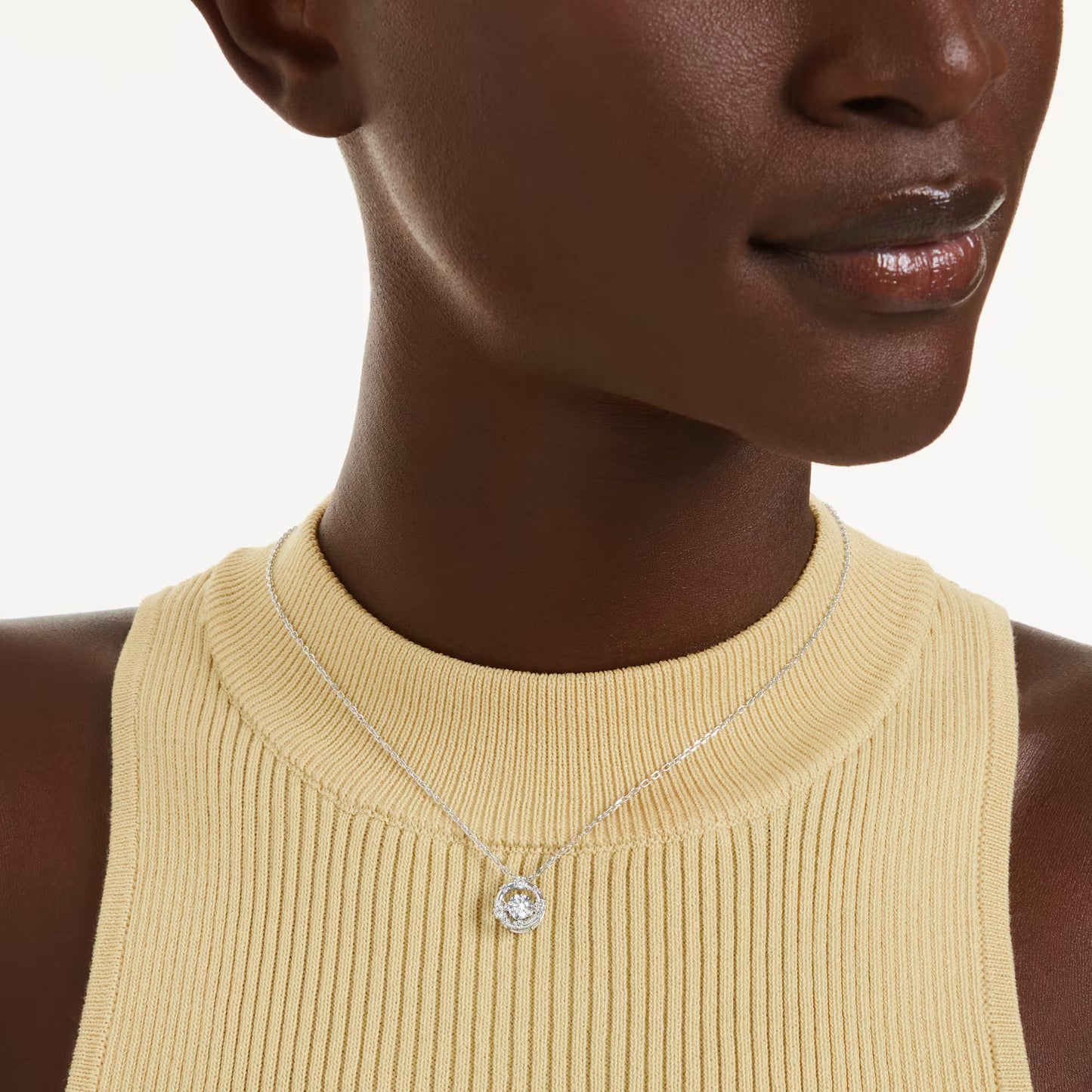 Constella pendant, Round cut, Dancing stone, White, Rhodium plated