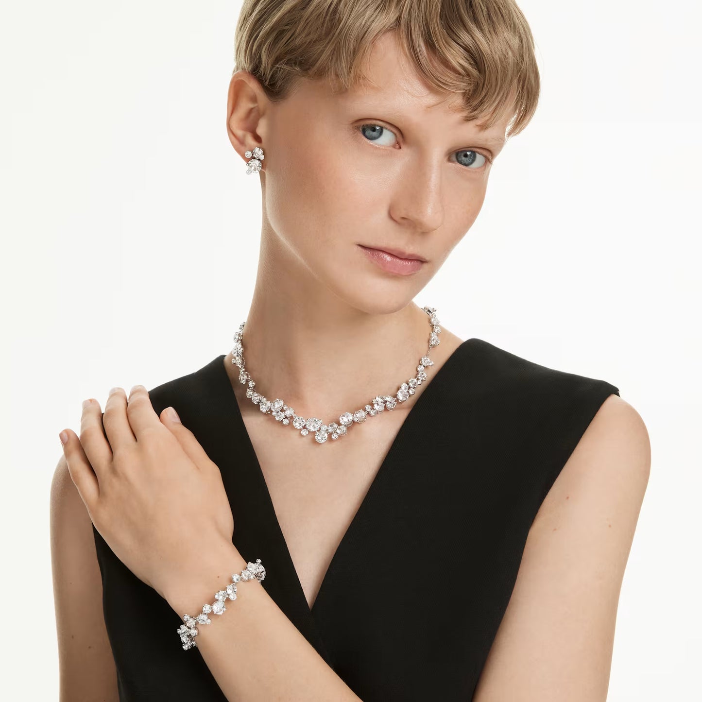 Constella set, Mixed cuts, White, Rhodium plated