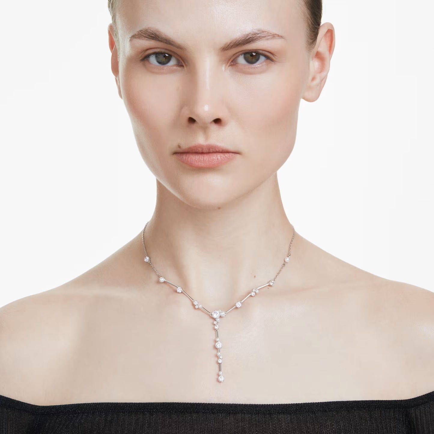 Constella Y necklace, Crystal pearl, Rhodium