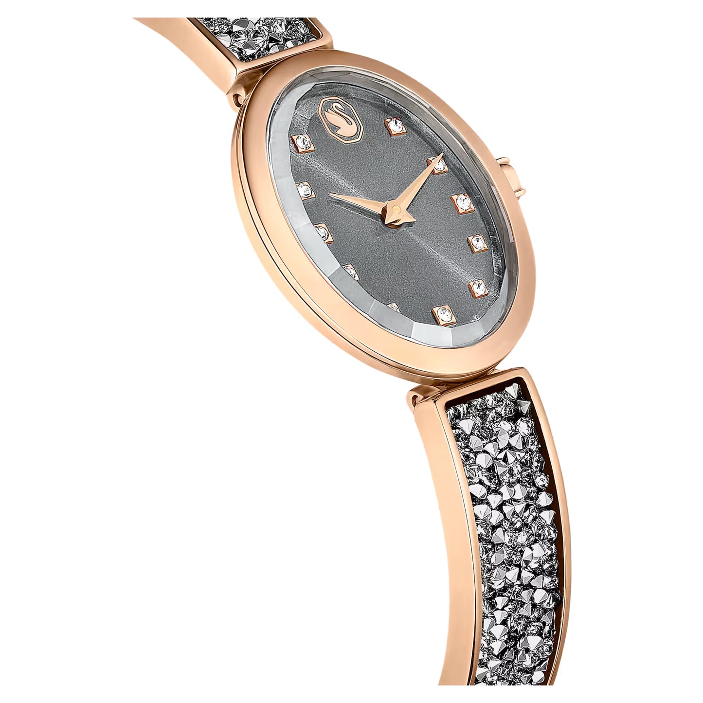 Crystal Rock Oval watch, Swiss Made, Crystal bracelet, Grey, Rose gold-tone finish