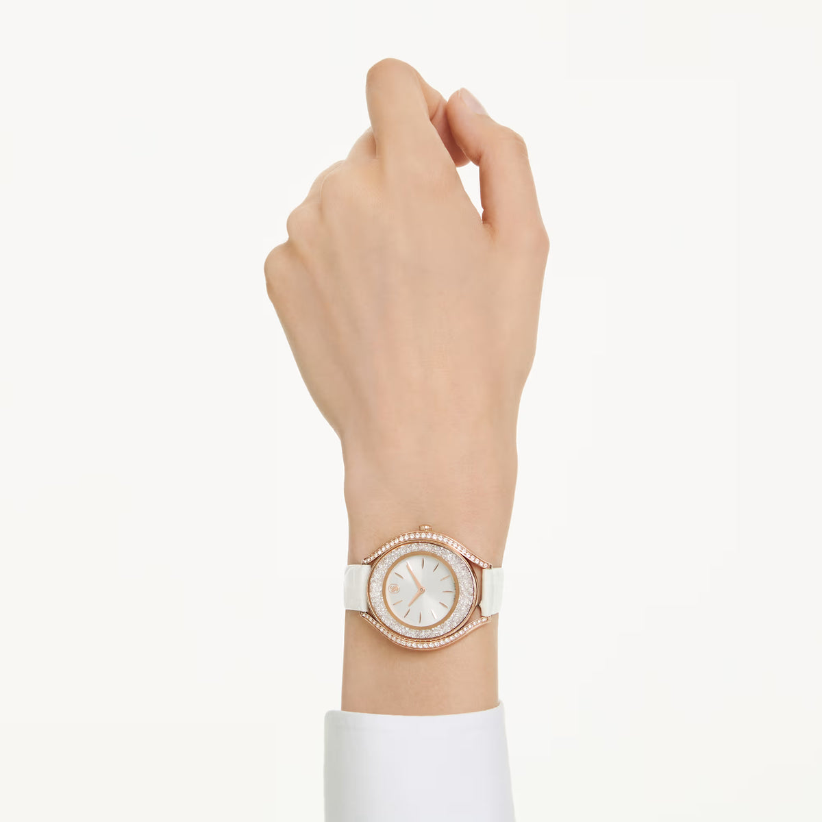 Crystalline aura watch, Swiss Made, Leather strap, White, Rose gold-tone finish