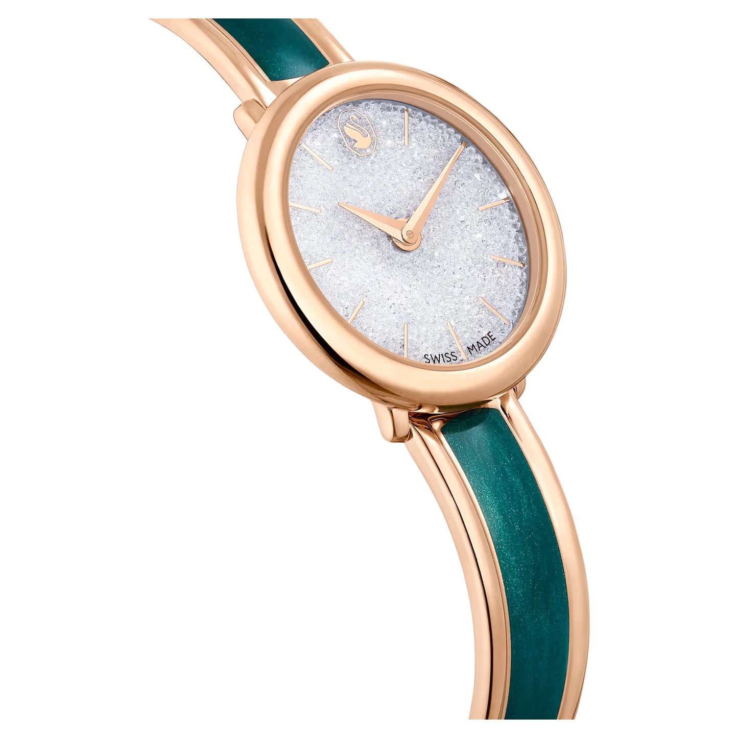 Crystalline bangle watch, Swiss Made, Metal bracelet, Green, Rose gold-tone finish