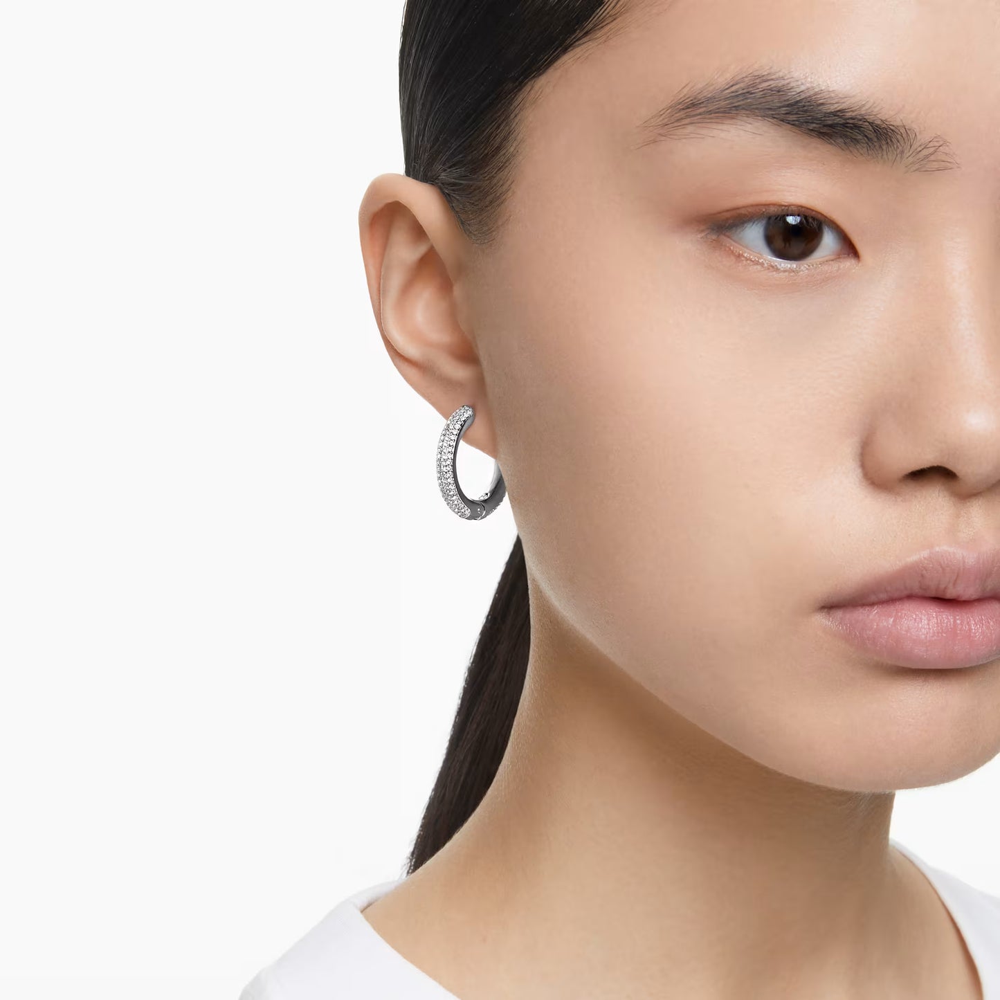 Dextera hoop earrings, Medium, White, Rhodium plated