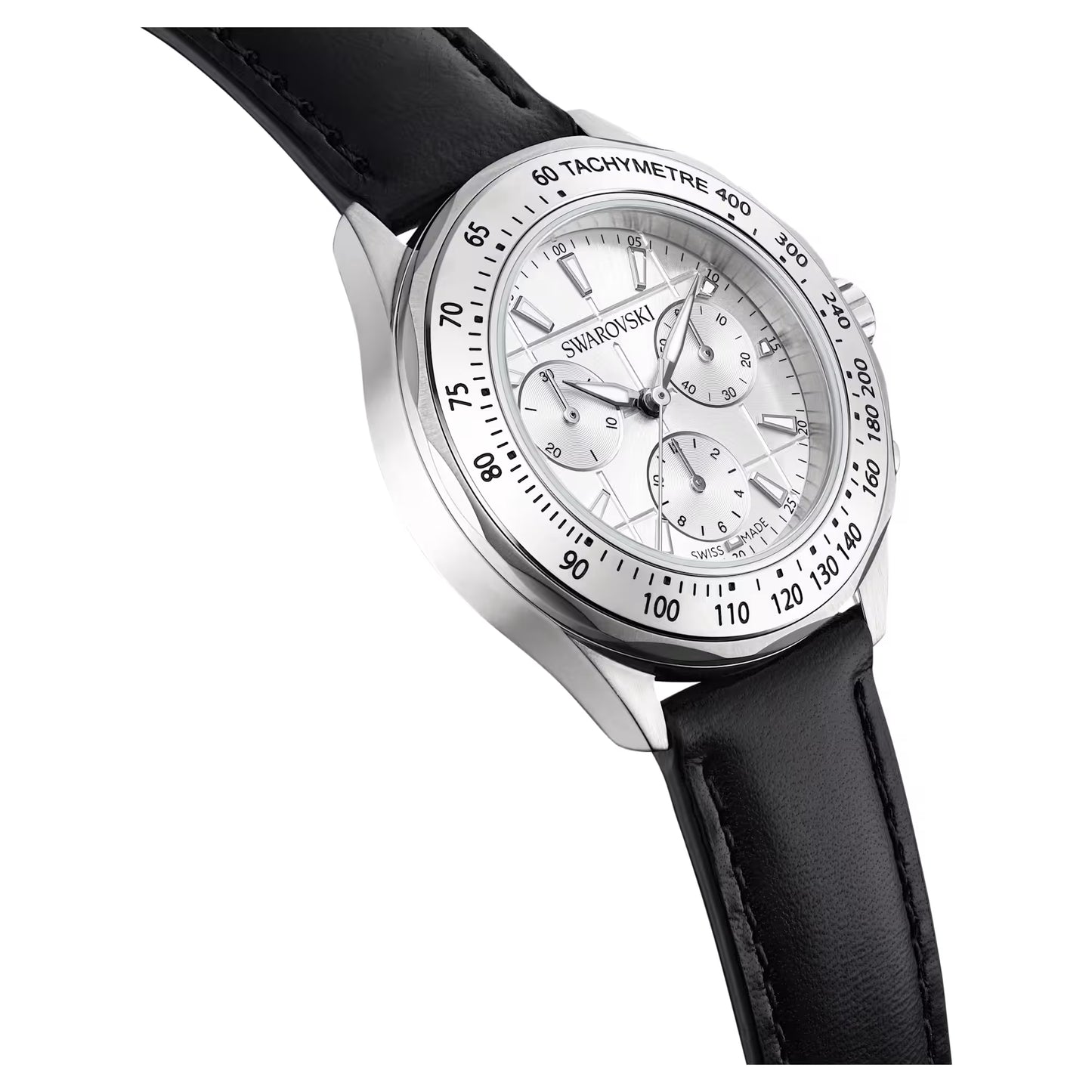 Dextera tachymetre watch, Swiss Made, Leather strap, Silver Tone, Stainless steel