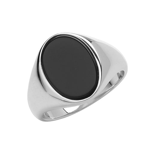 Silver Oval Black Onyx Plain Sides Signet Ring - Size P
