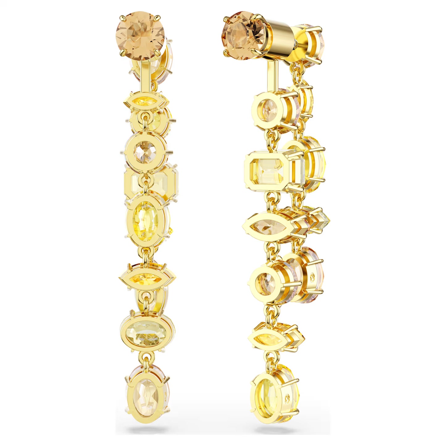 Gema drop earrings, Asymmetrical design, Mixed cuts, Long, Yellow, Gold-tone plated