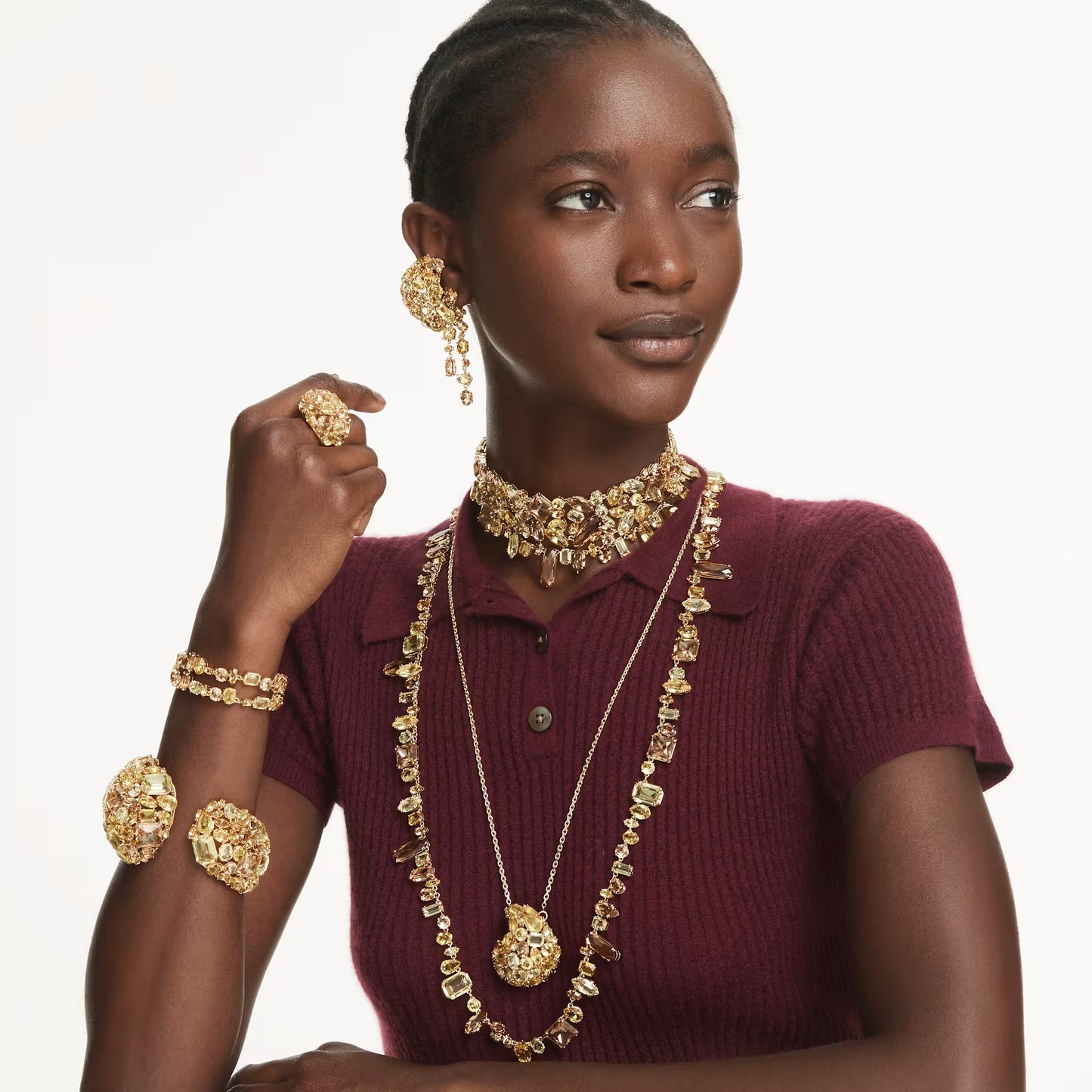 Gema necklace Mixed cuts, Yellow, Gold-tone plated