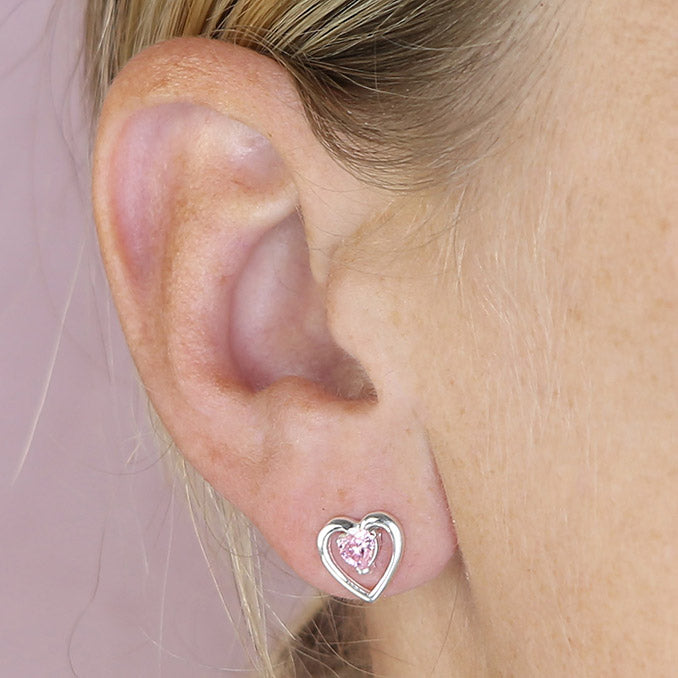 Sterling Silver Pink CZ Heart Stud Earrings
