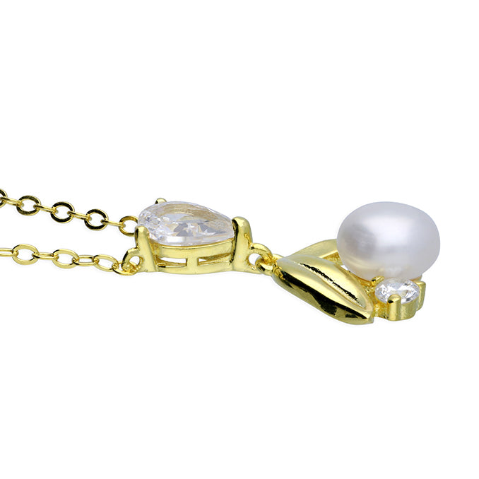 Sterling Silver Gold Plated Delicate Pearl And Cubic Zirconia Necklace