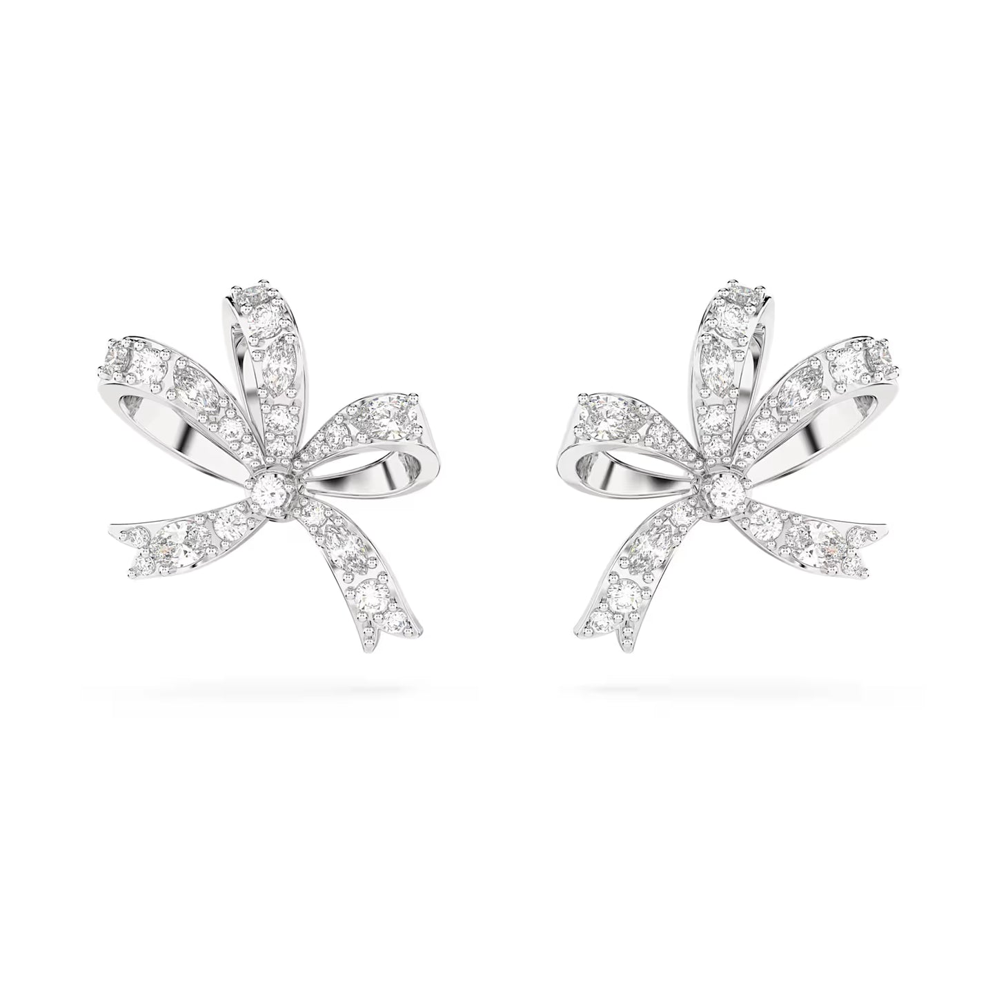 Volta stud earrings, Bow, Small, White, Rhodium