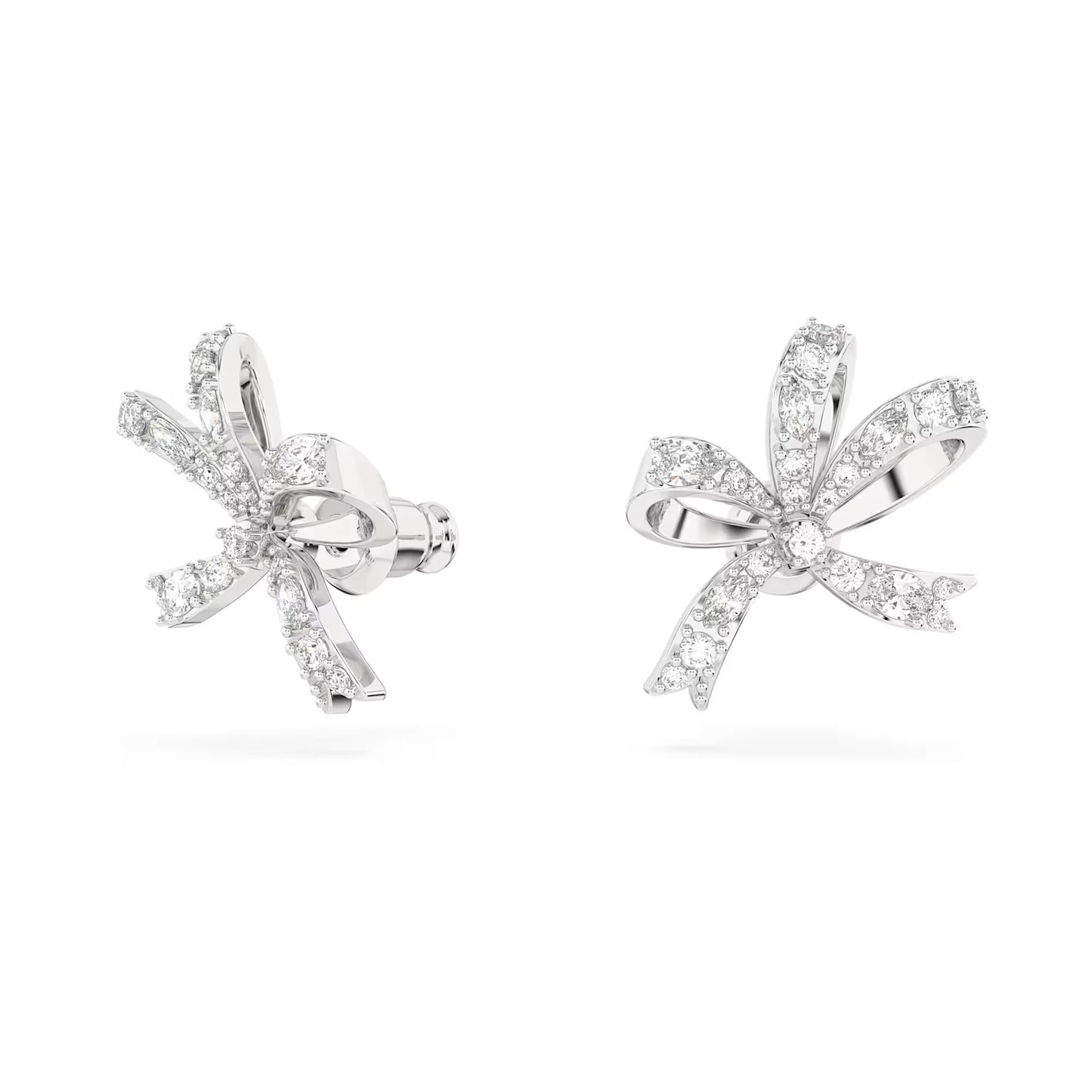 Volta stud earrings, Bow, Small, White, Rhodium