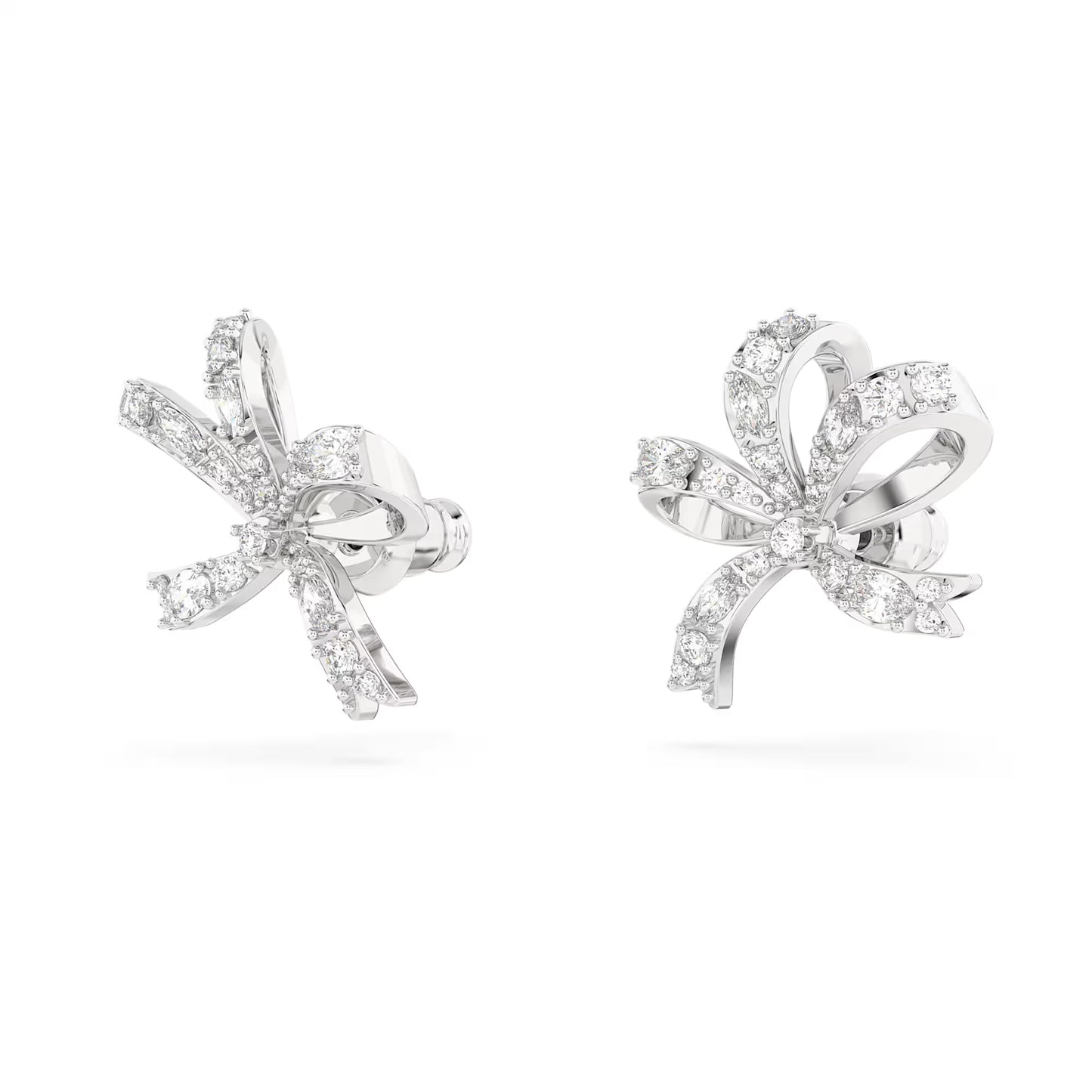 Volta stud earrings, Bow, Small, White, Rhodium