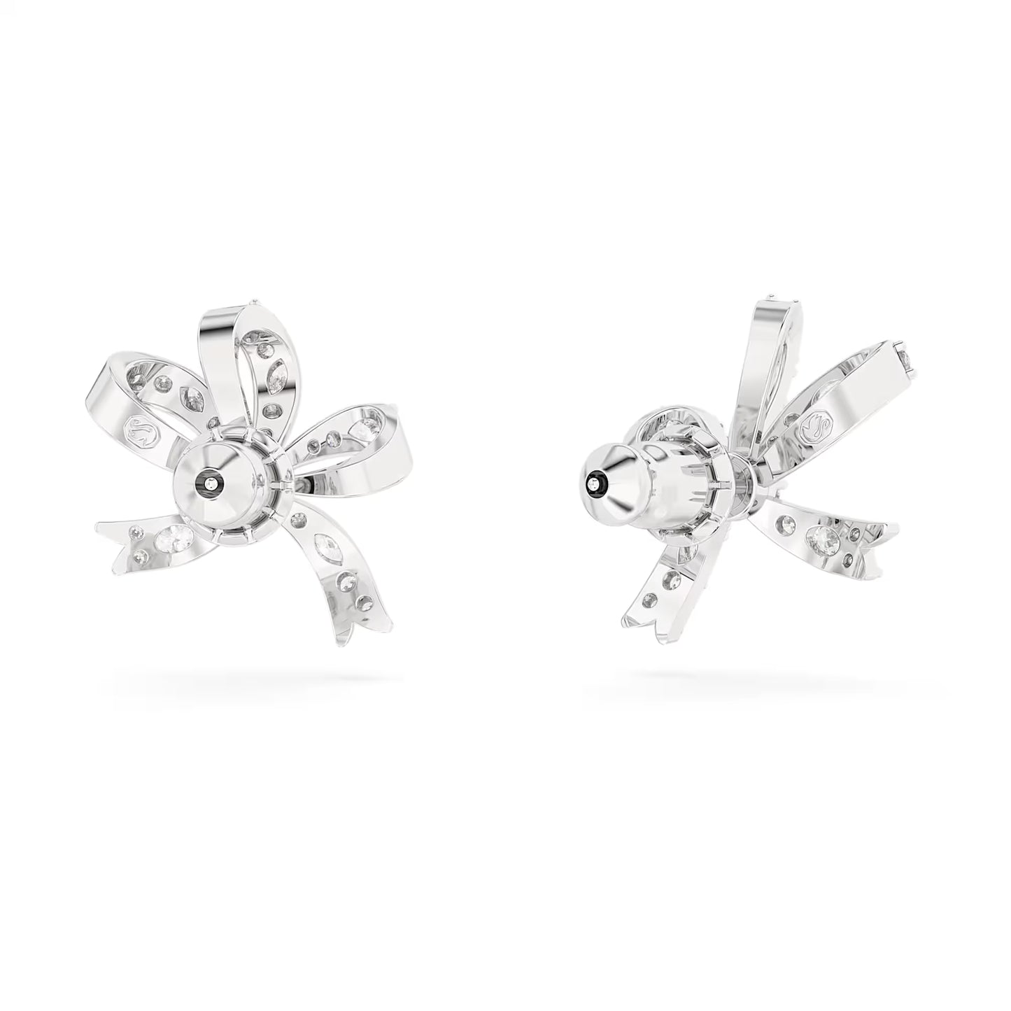 Volta stud earrings, Bow, Small, White, Rhodium