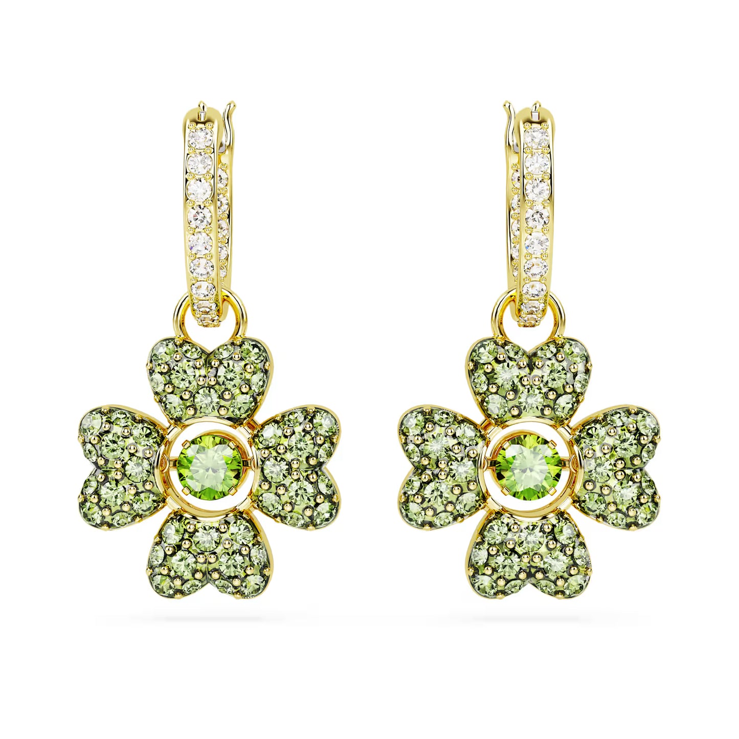 Idyllia drop earrings, Clover, Green, Gold-tone