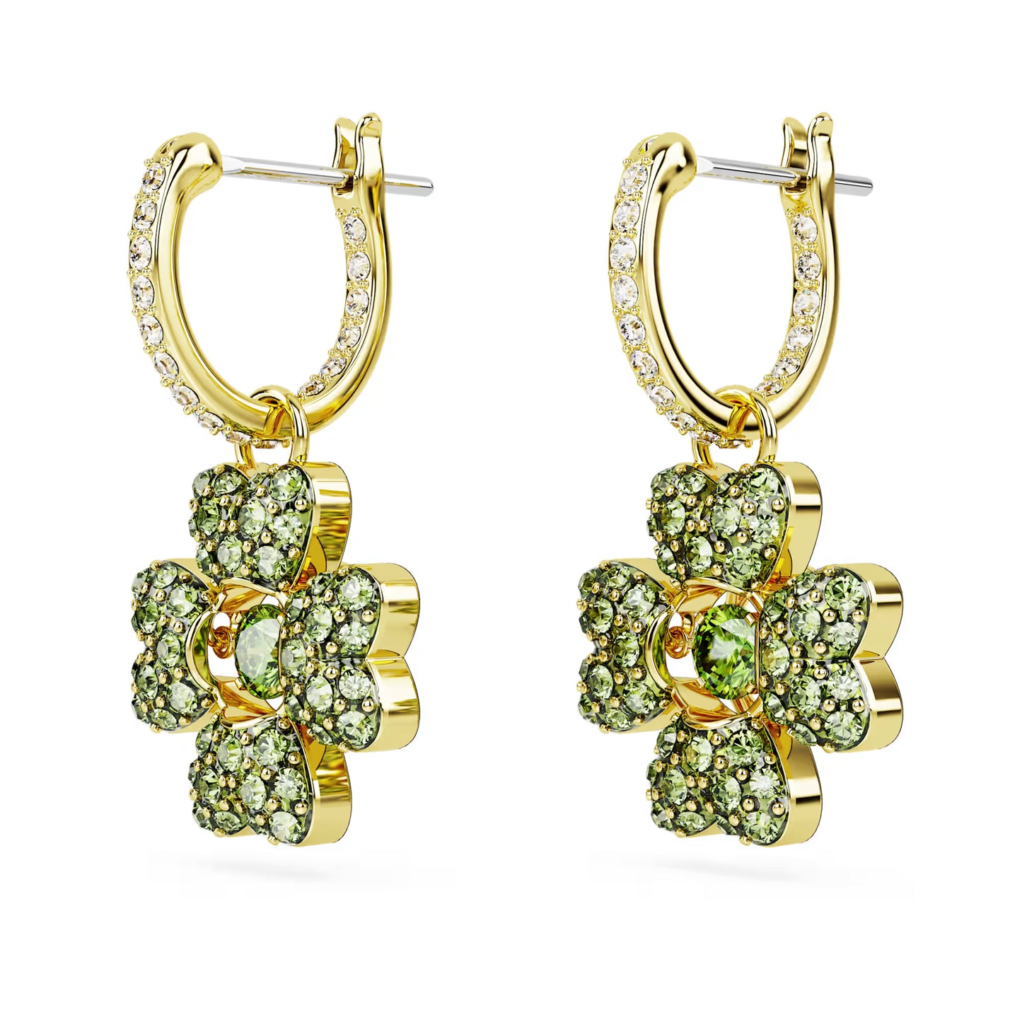 Idyllia drop earrings, Clover, Green, Gold-tone