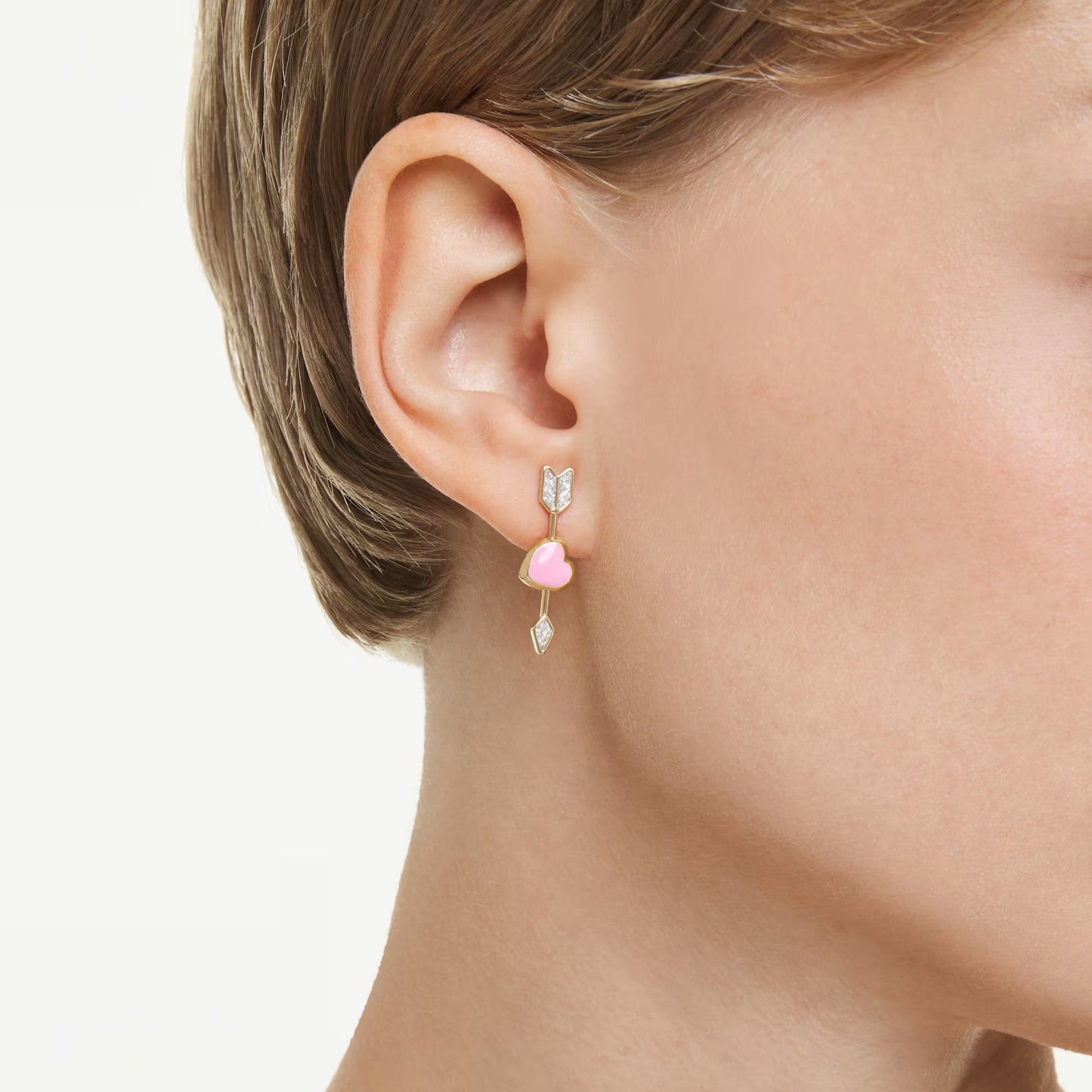 Idyllia drop earrings, Mixed cuts, Heart with arrow, White, Gold-tone plated