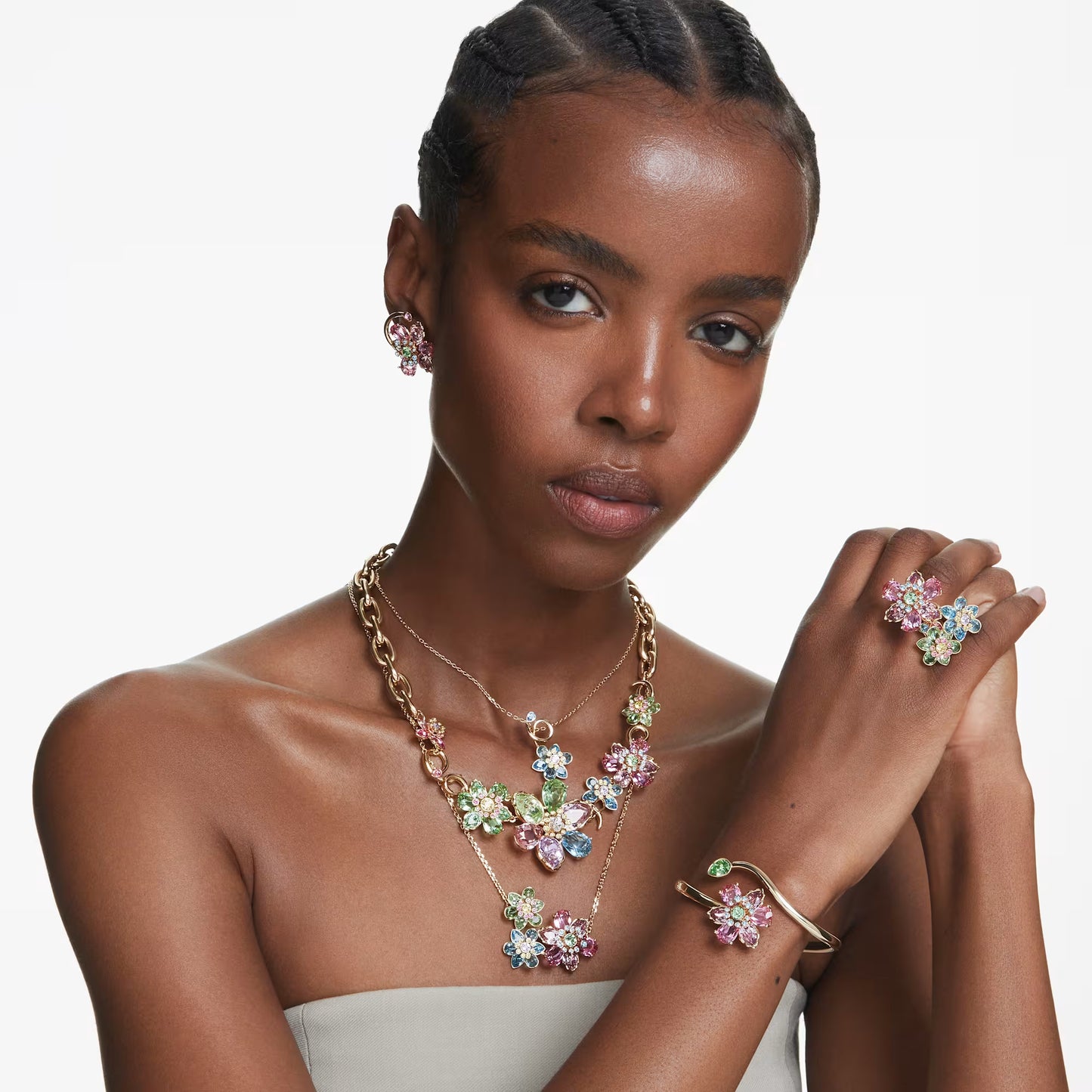 Idyllia pendant, Mixed cuts, Flower, Multicoloured, 18K gold finish