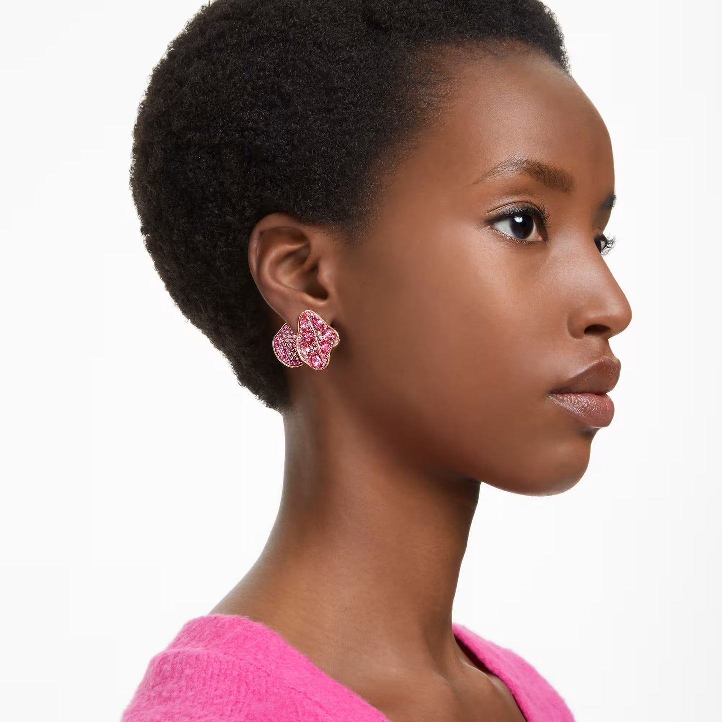 Idyllia stud earrings, Asymmetrical design, Flower, Pink, Gold-tone plated