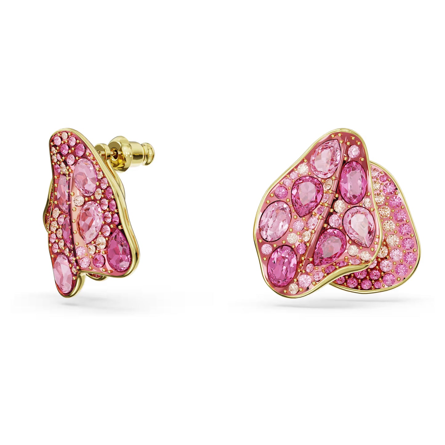 Idyllia stud earrings, Asymmetrical design, Flower, Pink, Gold-tone plated