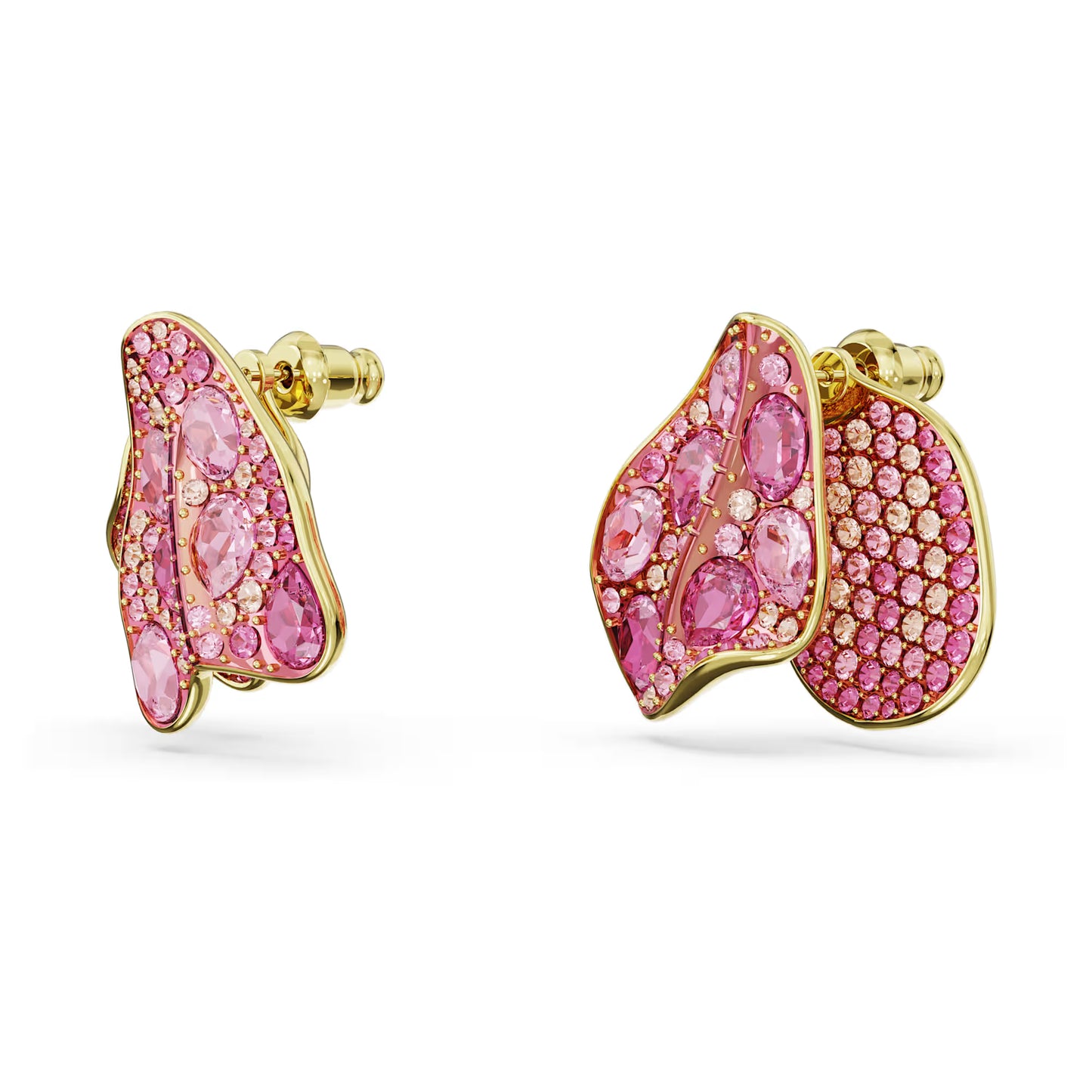 Idyllia stud earrings, Asymmetrical design, Flower, Pink, Gold-tone plated