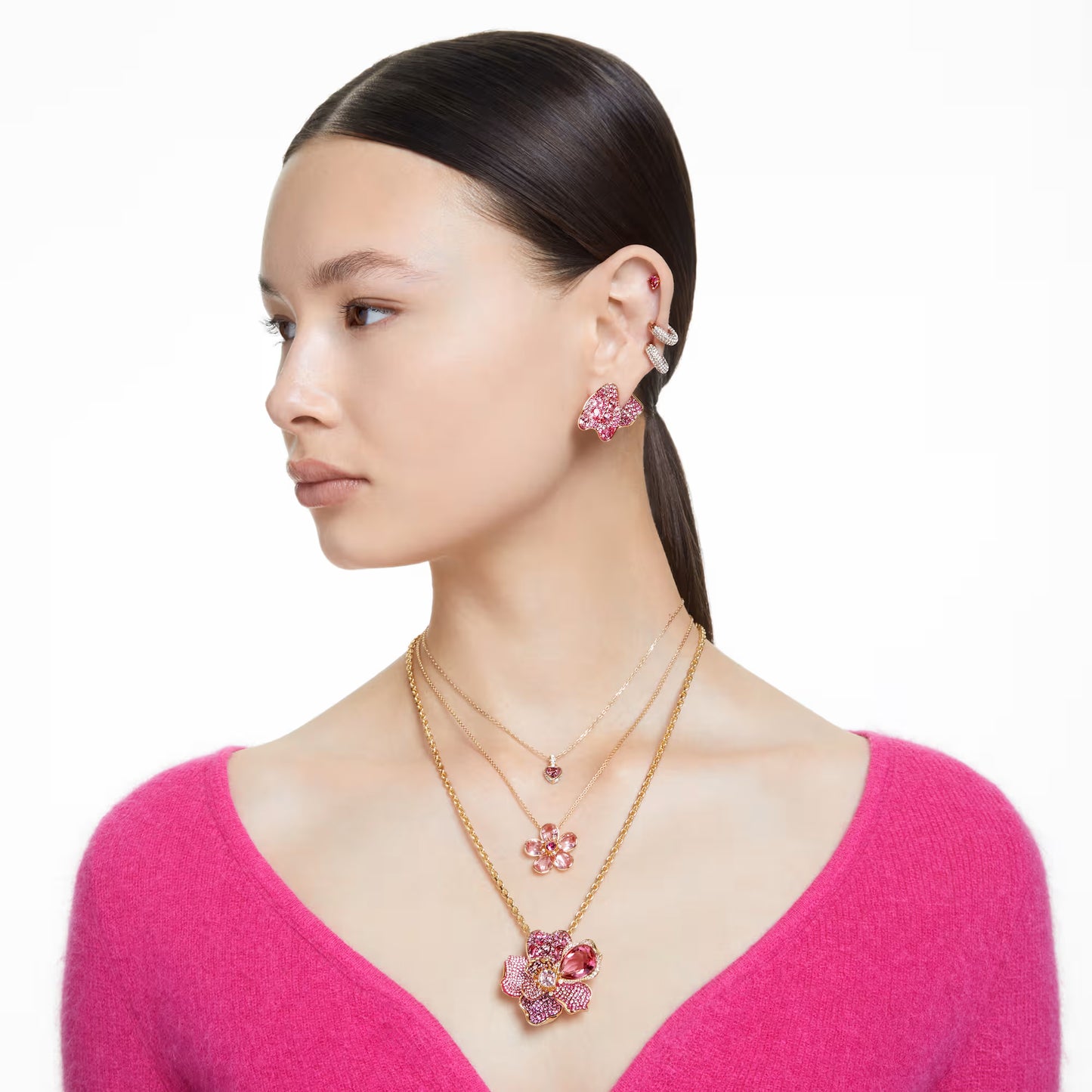 Idyllia stud earrings, Asymmetrical design, Flower, Pink, Gold-tone plated