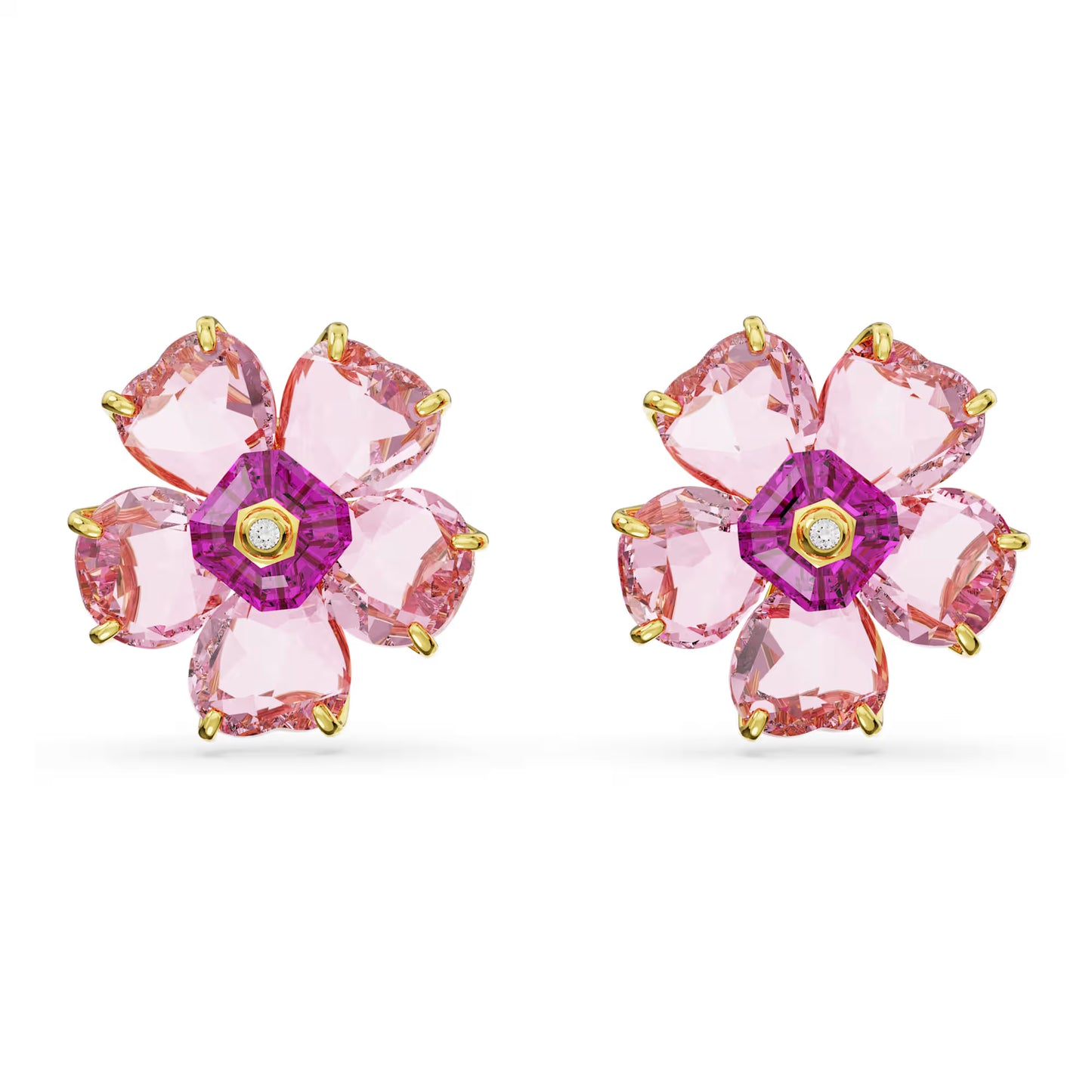 Idyllia stud earrings, Flower, Pink, Gold-tone